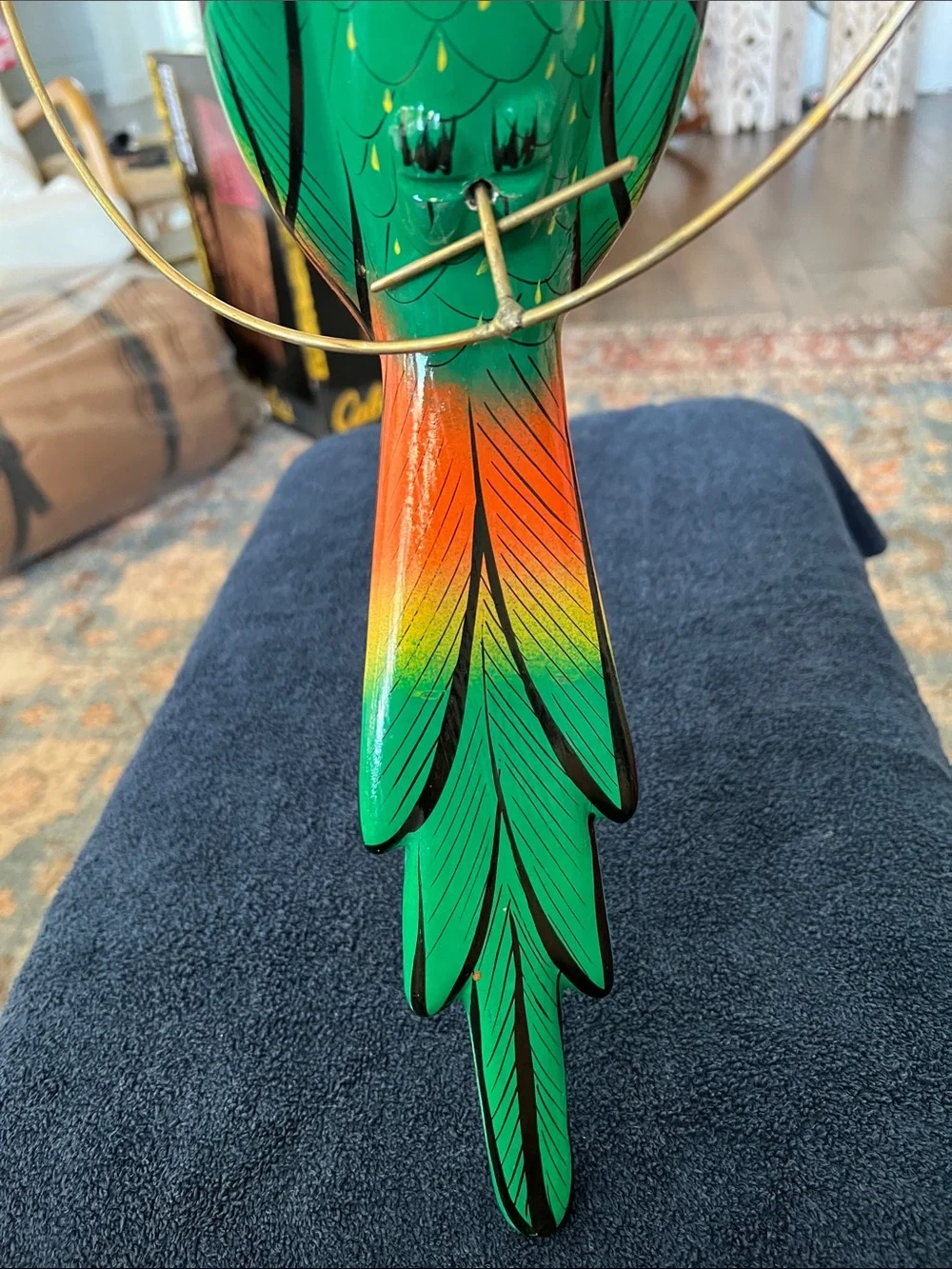 Colorful Parrot Hanging Bird Decor in Green and Orange - Ceramic Pottery